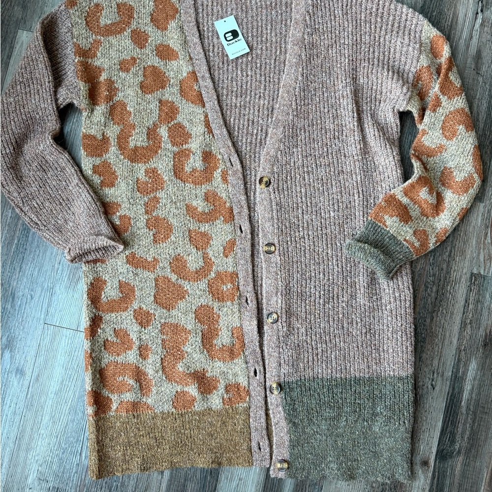 Mystree Leopard Print Cardigan in Brown and Green